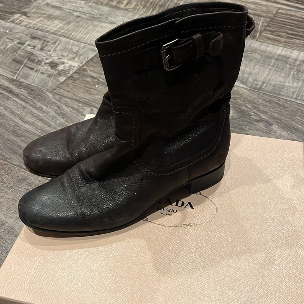 PRADA Calzature Donna Capra Antic Ebno 39 Brown Leather Above Ankle Boots - Picture 4 of 11